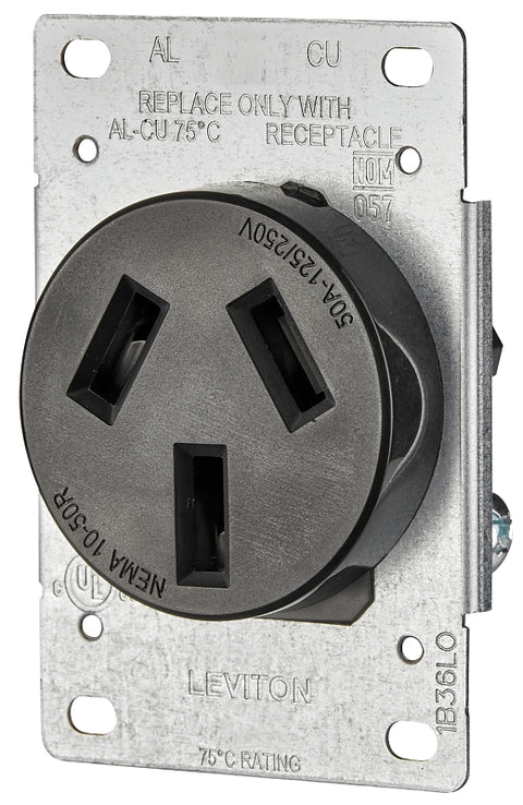 Leviton R20-05206-S10 Electrical Receptacle, Flush Mounting, 3 -Pole, 125/250 V, 50 A, NEMA: NEMA 10-50R, Black