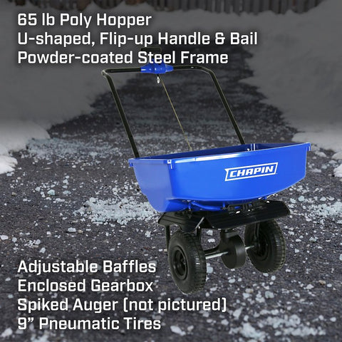Chapin 8003A Salt Spreader with Baffles, 70 lb, Steel Frame, Poly Hopper, Pneumatic Wheel