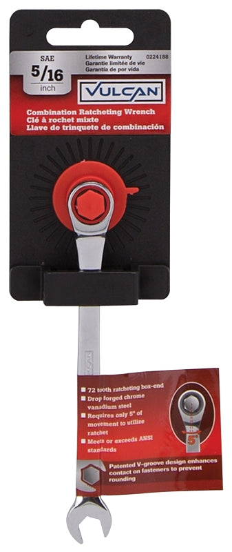 Vulcan PG5/16 Combination Wrench, SAE, 5/16 in Head, Chrome Vanadium Steel, Polished Mirror