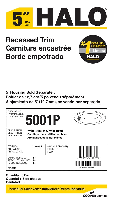 Halo 5001P Baffle Trim, 5 in Dia, 6-1/8 in OAH, Metal Body, White