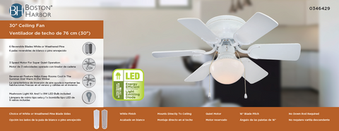 Boston Harbor CF-78108 Ceiling Fan, 6-Blade, White Housing, 30 in Sweep, MDF Blade, 3-Speed