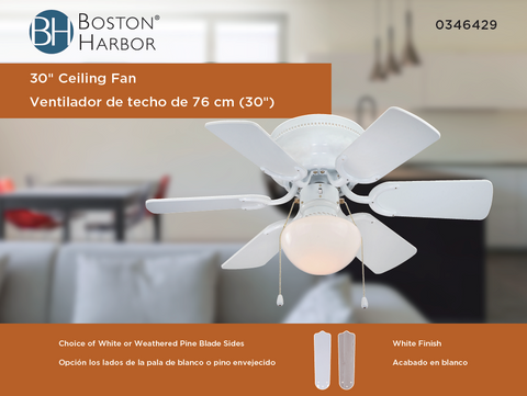 Boston Harbor CF-78108 Ceiling Fan, 6-Blade, White Housing, 30 in Sweep, MDF Blade, 3-Speed
