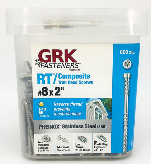 GRK Fasteners RT Series 36077 Screw, #8 Thread, 2 in L, Trim Head, Star Drive, Stainless Steel, 600 PAIL