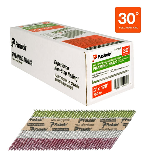 Paslode 657385 Series Framing Nail, Paper Tape Collation, 3 in L, Steel, Hot-Dipped Galvanized, Round Head, Ring Shank