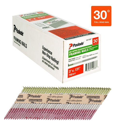 Paslode 657387 Series Framing Nail, Paper Tape Collation, 3 in L, Steel, Hot-Dipped Galvanized, Round Head