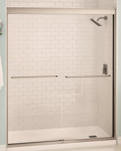Maax Aura 135665-900-305-00 Shower Door, Brushed Nickel Frame, Clear Glass, Tempered Glass, Semi Frame, 2-Panel, Glass