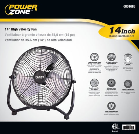 PowerZone LF-14 Floor Fan, 120 VAC, 14 in Dia Blade, 3-Blade, 3-Speed, 120 deg Rotating, Black