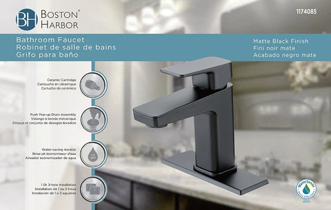 Boston Harbor FS6A0215BL Lavatory Faucet, 1.2 gpm, 1-Handle, 1, 3-Faucet Hole, Metal/Plastic, Matte Black