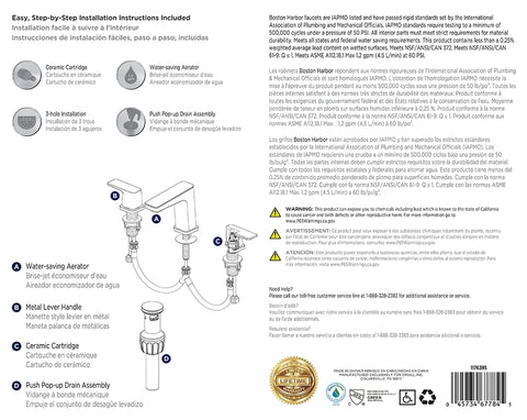 Boston Harbor FW6AC023CP Lavatory Faucet, 1.2 gpm, 2-Handle, 3-Faucet Hole, Brass/Zinc/Plastic, Chrome Plated