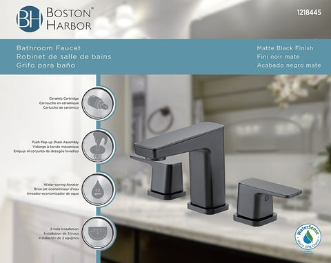 Boston Harbor FW6AC023BL Lavatory Faucet, 1.2 gpm, 2-Handle, 3-Faucet Hole, Brass/Zinc/Plastic, Matte Black