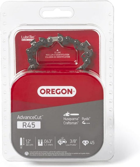 Oregon AdvanceCut R45 Chainsaw Chain, 12 in L Bar, 0.043 Gauge, 3/8 in TPI/Pitch, 45-Link
