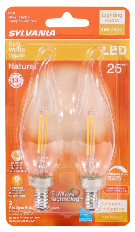 Sylvania 40854 Natural LED Bulb, Decorative, B10 Bent Tip Lamp, 25 W Equivalent, E12 Lamp Base, Dimmable, Clear