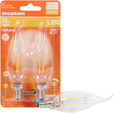 Sylvania 40854 Natural LED Bulb, Decorative, B10 Bent Tip Lamp, 25 W Equivalent, E12 Lamp Base, Dimmable, Clear