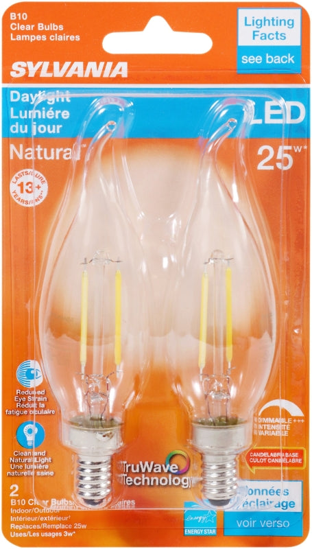 Sylvania 40855 Natural LED Bulb, Decorative, B10 Bent Tip Lamp, 25 W Equivalent, E12 Lamp Base, Dimmable, Clear