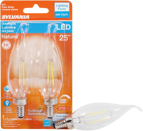 Sylvania 40855 Natural LED Bulb, Decorative, B10 Bent Tip Lamp, 25 W Equivalent, E12 Lamp Base, Dimmable, Clear