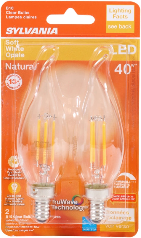 Sylvania 40755 Natural LED Bulb, 120 V, 350 Lumens, 4 W, B10 Bent Tip Lamp, 40 W Equivalent, E12 Lamp Base, Clear