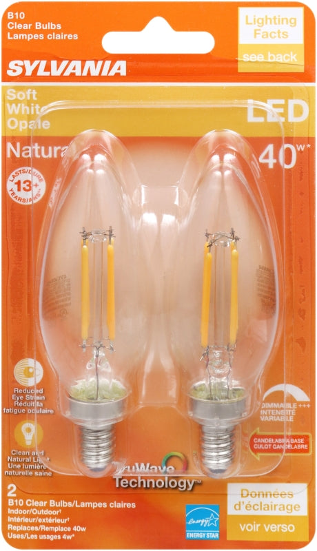 Sylvania 40794 Natural LED Bulb, Decorative, B10 Blunt Tip Lamp, 40 W Equivalent, E12 Lamp Base, Dimmable, Clear