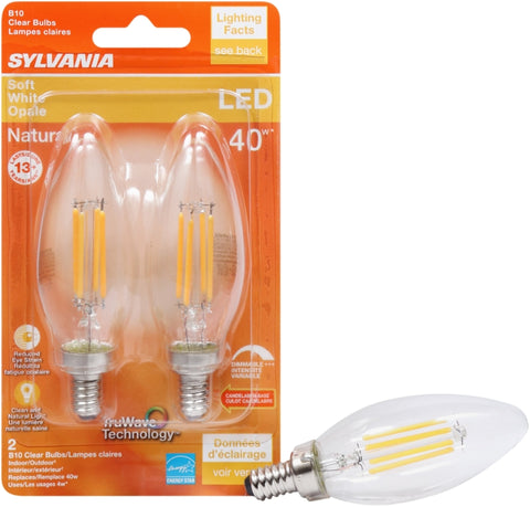 Sylvania 40794 Natural LED Bulb, Decorative, B10 Blunt Tip Lamp, 40 W Equivalent, E12 Lamp Base, Dimmable, Clear