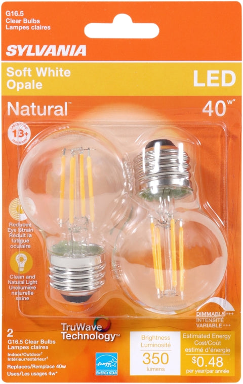 Sylvania 40847 Natural LED Bulb, Globe, G16.5 Lamp, 40 W Equivalent, E26 Lamp Base, Dimmable, Clear, Soft White Light