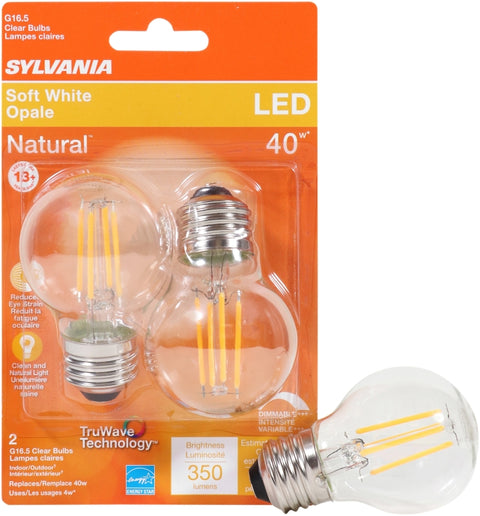 Sylvania 40847 Natural LED Bulb, Globe, G16.5 Lamp, 40 W Equivalent, E26 Lamp Base, Dimmable, Clear, Soft White Light