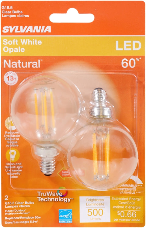 Sylvania 40852 LED Bulb, Decorative, G16.5 Lamp, 60 W Equivalent, E12 Lamp Base, Dimmable, Clear, Soft White Light