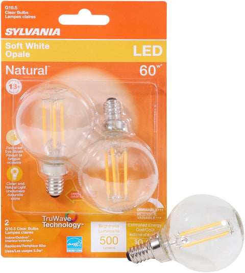 Sylvania 40852 LED Bulb, Decorative, G16.5 Lamp, 60 W Equivalent, E12 Lamp Base, Dimmable, Clear, Soft White Light