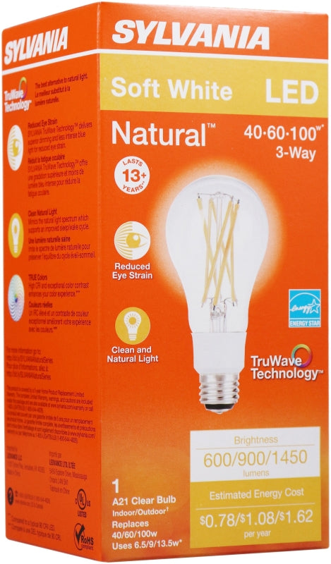 Sylvania 40769 Natural LED Bulb, 3-Way, A21 Lamp, 100 W Equivalent, E26 Lamp Base, Dimmable, Clear, Soft White Light