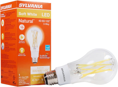Sylvania 40769 Natural LED Bulb, 3-Way, A21 Lamp, 100 W Equivalent, E26 Lamp Base, Dimmable, Clear, Soft White Light