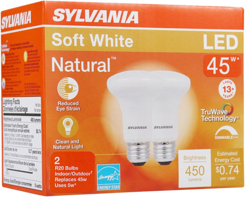 Sylvania 40788 Natural LED Bulb, 120 V, 450 Lumens, 5 W, R20 Lamp, 45 W Equivalent, E26 Lamp Base, Dimmable, Frosted