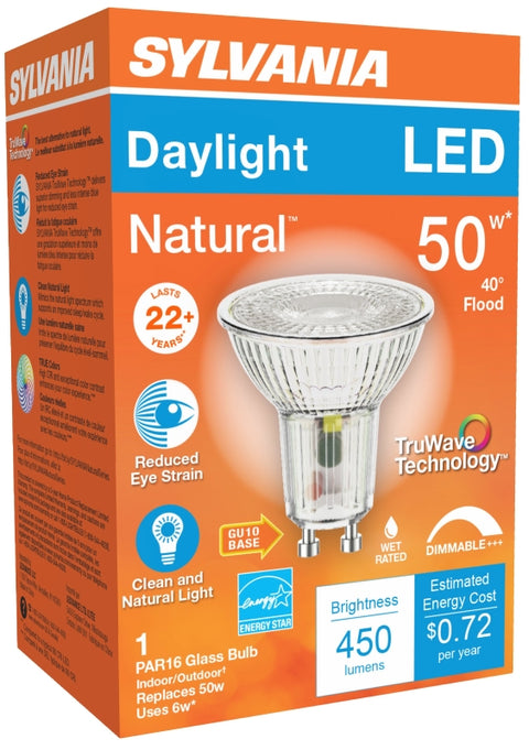 Sylvania 40933 Natural LED Bulb, Spotlight, PAR16 Lamp, GU10 Lamp Base, Dimmable, Daylight Light, 5000 K Color Temp