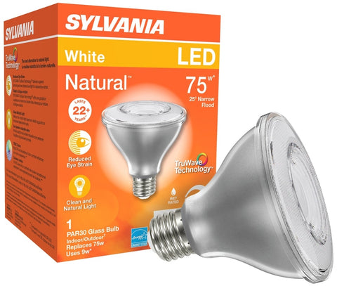 Sylvania 40914 Natural LED Bulb, Spotlight, 850 Lumens, 10 W, PAR30 Lamp, E26 Lamp Base, Dimmable, Clear, Cool White