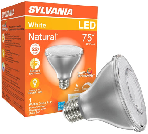 Sylvania 40916 Natural LED Bulb, 120 V, 850 Lumens, 10 W, PAR30 Lamp, E26 Lamp Base, Dimmable, Clear, Cool White