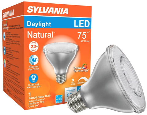 Sylvania 40917 Natural LED Bulb, Spotlight, 850 Lumens, 10 W, PAR30 Lamp, E26 Lamp Base, Dimmable, Clear, Daylight