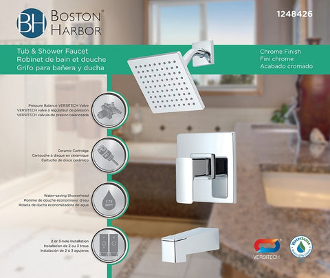 Boston Harbor F12A0006CP Faucet Tub-Shower, Fixed Mount Showerhead, 1.75 gpm Showerhead, 1 Spray Settings