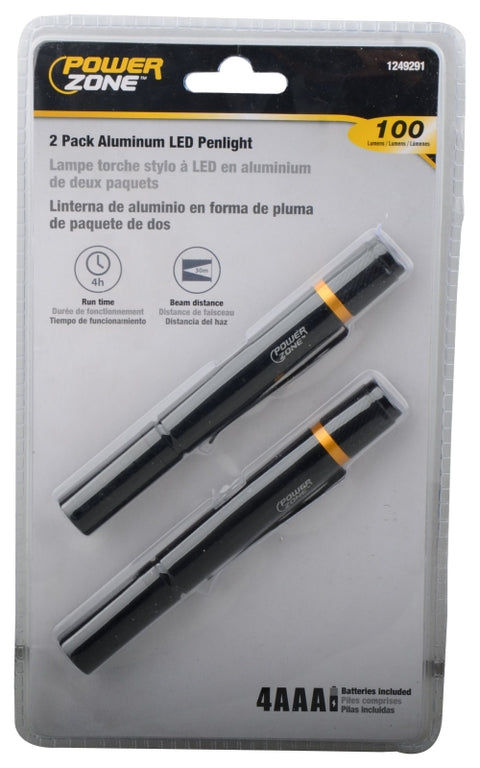 PowerZone 12245 Penlight, AAA Battery, LED Lamp, 100 Lumens, 30 m Beam Distance, 4 hrs Run Time, Black