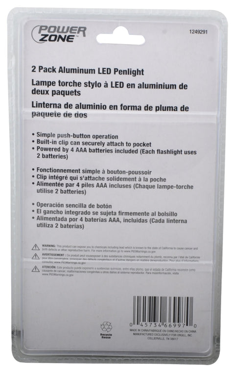 PowerZone 12245 Penlight, AAA Battery, LED Lamp, 100 Lumens, 30 m Beam Distance, 4 hrs Run Time, Black