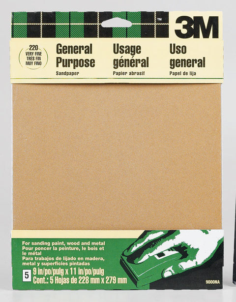 3M Aluminum Oxide Sandpaper 11 in. L 220 Grit Very Fine 5 pk