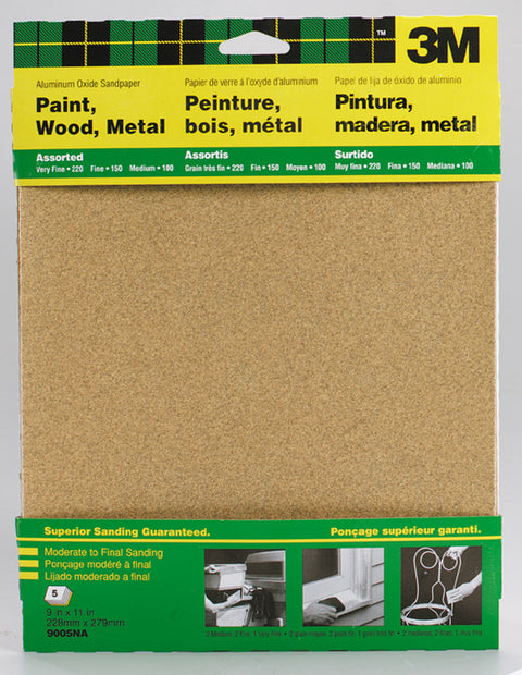 3M Aluminum Oxide Sandpaper 11 in. L 100/150/220 Grit Assorted 5 pk
