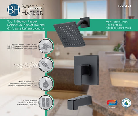 Boston Harbor F12A0006BL Faucet Tub-Shower, Fixed Mount Showerhead, 1.75 gpm Showerhead, 1 Spray Settings