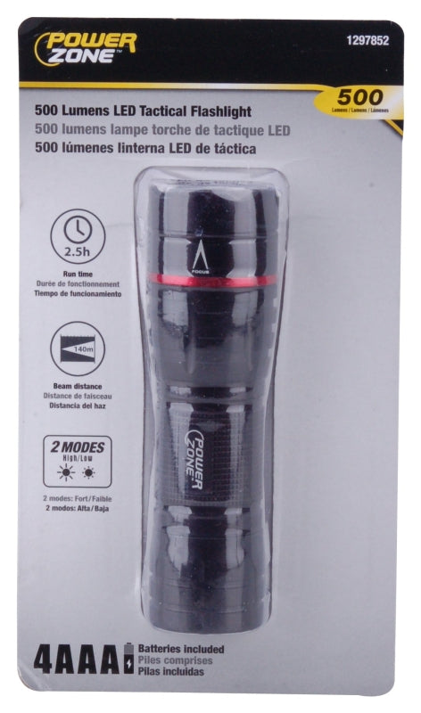 PowerZone 12093 Tactical Flashlight, AAA Battery, LED Lamp, 500 Lumens, 140 m Beam Distance, 2.5 hrs Run Time