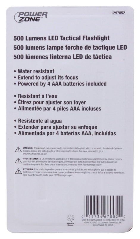 PowerZone 12093 Tactical Flashlight, AAA Battery, LED Lamp, 500 Lumens, 140 m Beam Distance, 2.5 hrs Run Time