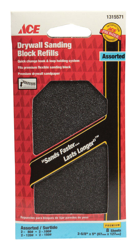 Ace Drywall Silicon Carbide Sanding Block Refill 5 in. L 80/100/120/150 Grit Assorted 8 pk