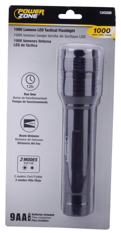 PowerZone 12106 Tactical Flashlight, AA Battery, LED Lamp, 1000 Lumens, 150 m Beam Distance, 12 hrs Run Time, Black