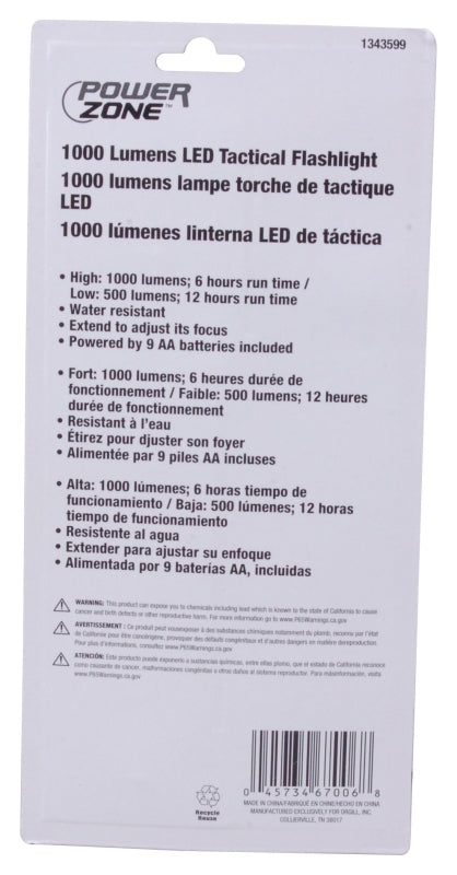 PowerZone 12106 Tactical Flashlight, AA Battery, LED Lamp, 1000 Lumens, 150 m Beam Distance, 12 hrs Run Time, Black