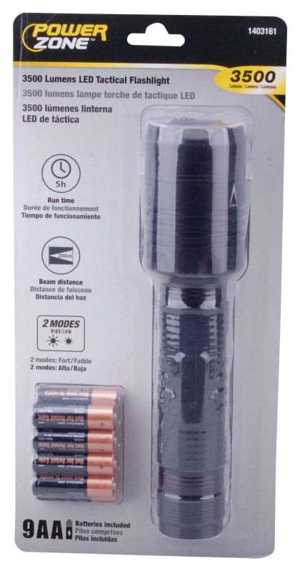 PowerZone 12169 Tactical Flashlight, AA Battery, LED Lamp, 3500 Lumens, 200 m Beam Distance, 5 hrs Run Time, Black