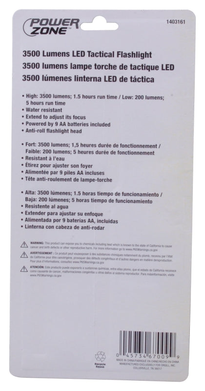 PowerZone 12169 Tactical Flashlight, AA Battery, LED Lamp, 3500 Lumens, 200 m Beam Distance, 5 hrs Run Time, Black