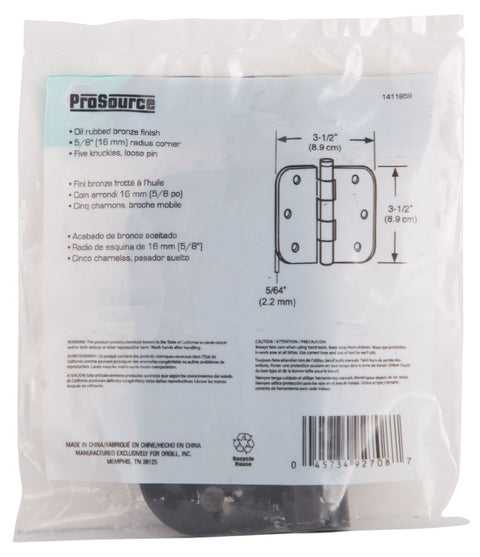 ProSource 20347ORX Door Hinge, Steel, Oil-Rubbed Bronze, Loose Pin, 180 deg Range of Motion, Screw Mounting