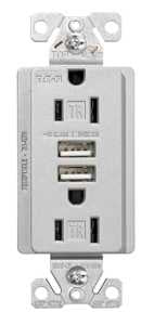 Arrow Hart TR7755SG-K-L Combination USB Receptacle, 2 -Pole, 3.1 A USB, 15 A Receptacle, 2 -USB Port, Silver Granite