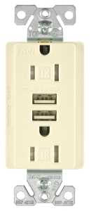 Arrow Hart TR7755LA-K Combination USB Receptacle, Light Almond, 2-Pole, 3.1 A USB, 15 A Receptacle, 2-USB Port
