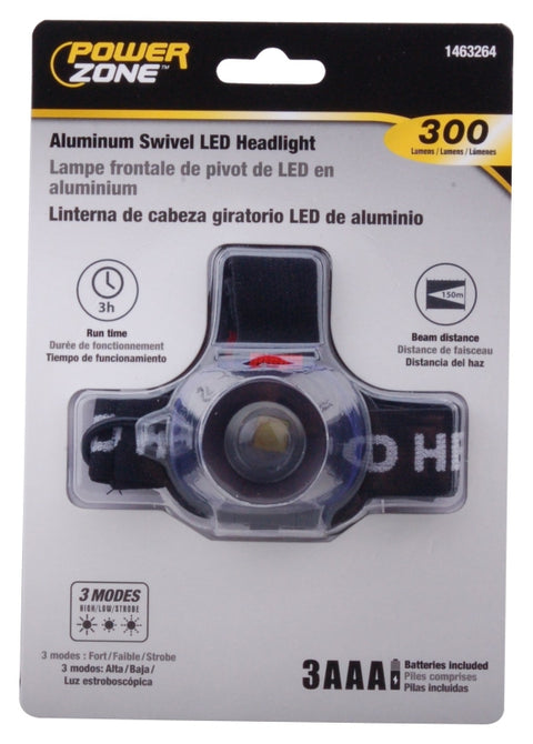 PowerZone 12300 Aluminum Swivel LED Headlight, AAA Battery, LED Lamp, 300 Lumens, 150 m Beam Distance, 3 hr Run Time